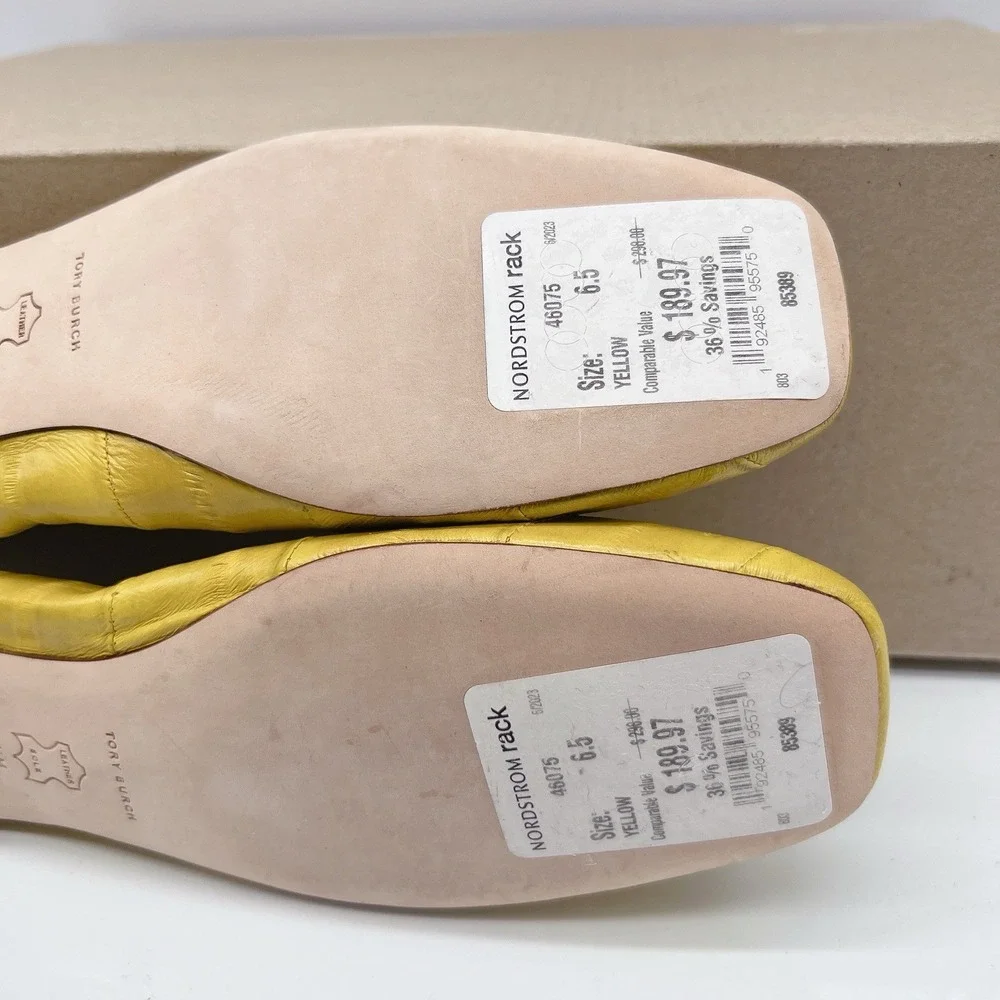 Tory Burch Georgia Women's Ballet Flats Square Toe Logo Yellow Leather US 6.5